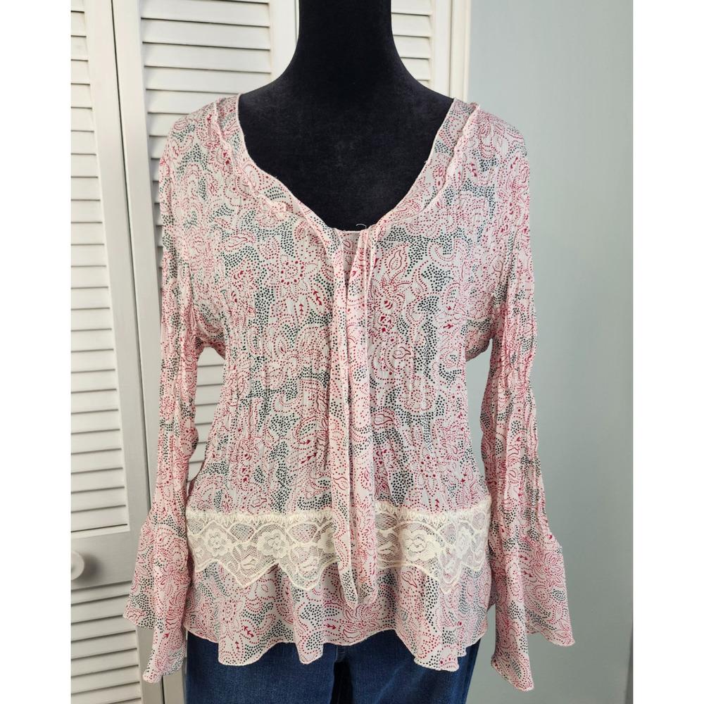Robbie Bee Floral Blouse Medium Lace Y2K Red White Long Sleeve Ruffle
